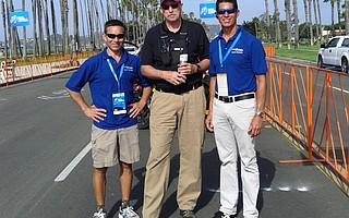 READY TO ROLL: Three men responsible for moving 136 cyclists through the area in the Amgen Tour of California are (from left) Armando Requejo, chair of the Local Organizing Committee (LOC); Eric Smith, event director for Amaury Sport Organization; and David Gonzales, technical director for the LOC.