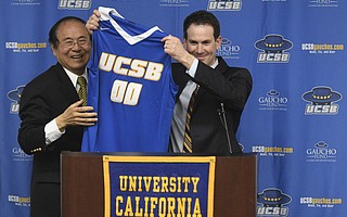 Joe Pasternack shows off his youthful demeanor at his first UCSB press conference.