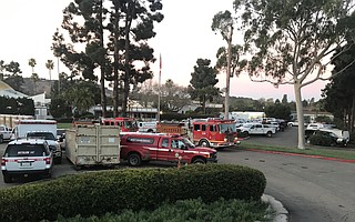 Earl Warren Showgrounds packed with fire trucks at the Friday shift change.