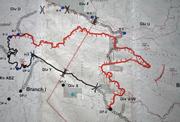 This section of the fire planning map shows the run made by the fire yesterday into the wilderness. The "XXXs" note dozer lines, solid black line established containment lines and to the far right the small circles with arrows show the path of the fire.