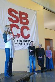 Hillary Clinton is flanked by Student Senate President Tom Fitzgerald, SBCC President John Romo, and former Santa Barbara County Supervisor Susan Rose.