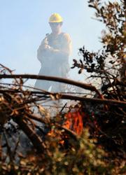 Dan Maguire, a firefighter with the Monterey District of the Los Padres National Forest, keeps an eye on a small spot fire, letting the fuel burn but not too fast.