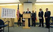 U.S. Attorney Tom O'Brien speaks to media Wednesday with (L to R) Police Chief Cam Sanchez, District Attorney Christie Stanley, FBI agent Daniel McMullen, ATF special agent John Torres and ICE agent Robert Schoch looking on.