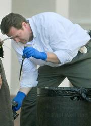 Forensic technician Mike Ullemeyer finds a knife that was used in the March 14, 2007 killing of Luis Angel Linares. During the trial, it was referred to as "The Big One."