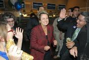 Doreen Farr celebrating at the Hollister Brewing Company when results came in of her further lead in the 3rd district race.