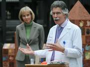 Dr. Peter Hasler, a pediatrician and medical director of the County of Santa Barbara's Public Health Department, discusses problematic toys as Congresswoman Lois Capps watches.