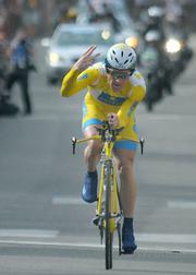 Levi Leipheimer, two time AMGEN Tour of California winner, finishes the sixth stage still leading in time. With two stages left in the 2009 tour, Levi crosses the finish line already predicting his third win.