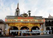 Protestors decry Tony Blair as a terrorist outside the Arlington Theatre where he spoke Thursday night