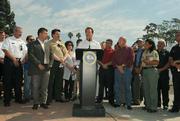 A day after declaring a state of emergency Governor Schwarzenegger holds a press conference on the Jesusita Fire at Earl Warren Showgrounds