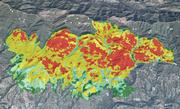 Burn intensity map overlaid on a Google Earth map shows the intensity of the burn. Red indicates the highest intensity burn areas.