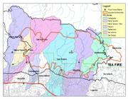 Watershed areas with the fire perimeter overlaid on them show the areas in each canyon most impacted by the burn. Note locations of flood control basins in each canyon.