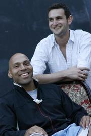 Brian Granger (left), playwright of <em>Rebel Moon</em>, with Stephen Ravet, playwright of <em>Coming In</em>.