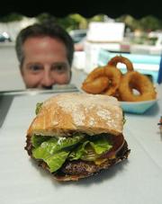 The Burger Bus cheeseburger made from grass-fed, hormone-free beef from Shalhoob's, ciabatta rolls from Our Daily Bread, and cheeses from Spring Hill Cheese.