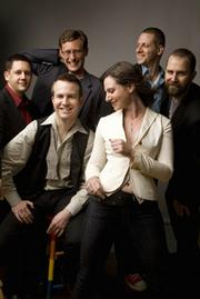 The members of eighth blackbird are Tim Munro, flutes; Michael Maccaferri, clarinets; Matt Albert, violin and viola; Nicholas Photinos, cello; Matthew Duvall, percussion; and Lisa Kaplan, piano.