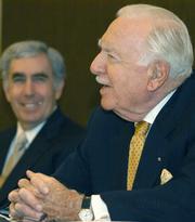 Walter Cronkite at a press conference in 2004 with Nuclear Age Peace Foundation president David Kreiger (left)