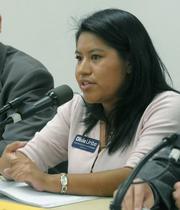 Olivia Uribe at a city council candidate forum sponsored by PUEBLO July 23, 2009