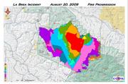 La Brea Fire progression from August 9 - 20. (we have enlarged the provided image to aid readability)