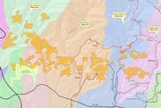 Closer up view of the hydromulch areas (there are 39 separate areas recommended for spraying) shows proximity of the mulch areas to the front country trails.