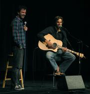 Director Emmett Malloy takes questions from the audience after the world premiere of <em>Jack Johnson: En Concert</em>, along with his friend Jack Johnson.