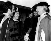 Robert Young (center) meeting his hero, Linus Pauling, at USC medical school commencement. Young cherished this photograph as a memento of that encounter.