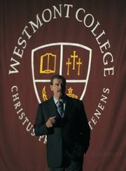 Vicente Fox speaking at the Grand Ballroom of Fess Parker’s Doubletree Resort during the fifth annual Westmont Presidents' Breakfast Feb. 19, 2010