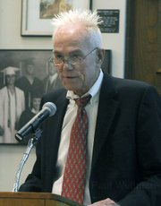 <strong>PINK-SLIPPED WITH A PURPOSE?</strong> S.B. School District psychologist Dr. David Gilbertson, pictured here at a recent school board meeting, filed complaints with the state earlier this year about specific instances of Special Education shortcomings at Adams Elementary School. Since backed up in his claims by the Department of Education, Gilbertson was one of several district employees given lay-off notices this month, and he thinks the two might be related.