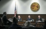 Santa Barbara City Attorney Steve Wiley (left) addresses the Council Ordinance Committee (l to r) Frank Hotchkiss, Bendy White, and Grant House