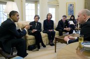 <strong>HEAVY HITTER SIT-DOWN:</strong> Lois Capps (third from left) in a health-care pow-wow with President Barack Obama, along with Representatives Allyson Schwartz (D-PA, second from left) and Ron Kind (D-WI) and White House staffer Nancy-Ann DeParle. Joe Crowley (D-NY) shown in foreground.