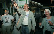Anti-Measure J crowd, including (pictured L to R) Dick Weinberg, Ted Rhodes, and Donna Jordan celebrate at Cabo's Baja Grill and Cantina in Carpinteria, June 8, 2010