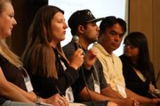 A panel of Summit participants discusses Latino/a student achievement. From left to right: Nicole Dinkelacker, DPHS PTSA president and co-founder of the DPHS Equity & Excellence in Education Committee; Shawn Carey, DPHS principal; Pepe Gil, SBHS Senior Class President; Mitchell Torina, DPHS Counselor; April Lopez, recent DPHS graduate and SBCC student.