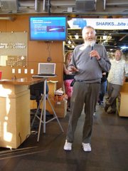 John Calambokidis, a leading expert on blue whales who co-founded the Cascadia Research Organization, speaks to the crowd about the latest science.