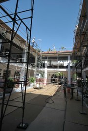 Construction on new security features at the Figueroa criminal courthouse before the glass roof was put in place