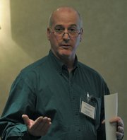 Dave Lombardi presents during Wednesday's meeting on the "State Street Bench Relocation Pilot Project"