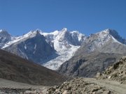 Crevasses of a steep glacier in the Sutlej Valley of the Western Himalaya. This glacier has a debris-covered toe.