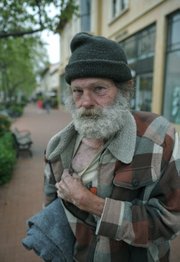 Barry K., 62, showing where doctors at Cottage Hospital installed a pacemaker after he had a heart attack last winter. A recovering alcoholic who has worked for years as a cook, he does not consider himself homeless.