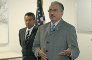 Santa Barbara Police Chief Cam Sanchez (foreground) with Sgt. Lorenzo Duarte during the press conference announcing Morales's arrest