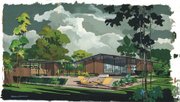 An architectural rendering in <em>Carefree California: Cliff May and the Romance of the Ranch House</em> at UCSB’s Art, Design & Architecture Museum.