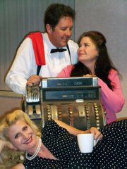 CLOCKWISE FROM TOP: Sean O'Shea, Jean Hall, and Tiffany Story star in Circle Bar B's production of <em>Wally's Café</em>.