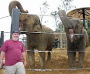 The Brewhouse’s Pete Johnson gets a “two trunk salute” from elephants Sujatha and Little Mac. The pachyderms selected the ingredients that Johnson will use to brew "Big Ear Beer."