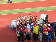 Ashton Eaton (pictured in green jersey) celebrated his world record of 9,039 points with his fellow decathlon competitors;