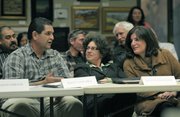 Matt Sanchez speaks with Santa Barbara Mayor Helene Schneider and Second District Supervisor Janet Wolf during a South Coast Gang Task Force meeting (2011)