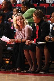 UCSB women’s basketball coach Carlene Mitchell (left) sat beside Hall of Fame coach C. Vivian Stringer for 10 seasons at Rutgers.