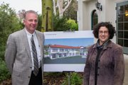 Samarkand Executive Director Paul Peterson, left, share a rendering of the future LifeCenter with Santa Barbara Mayor Helene Schneider, during groundbreaking ceremonies on Jan. 25, 2013. This north view of the coming building will be seen from Cottage Road. The new multipurpose community center will offer fireside, second-story, outdoor café dining with views of the Santa Ynez Mountains.