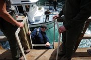 Filmmaker Kevin White boards the Sea Ranger II from the Anacapa Island dock (March 2013)