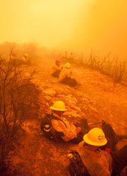 Jesusita Fire. Hot shot crews wait out the firestorm heading down into Mission Canyon, unable to move from their position.