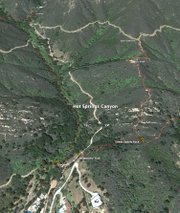 Enlarged Google Earth map of Hot Springs Canyon shows the trails network including the new Creekside Trail.