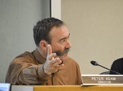 Peter Adams, on the board of the Santa Barbara County Association of Governments, speaks his mind to the room at the meeting about the Highway 101 widening project.