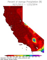 Percent of average precipitation, 10/1/13 – 1/23/14. Reds indicate 0-70 percent, yellow-green 100 percent, purple up to 175 percent.