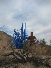 BIG BLUE: Author Charles Donelan with Gustavo Godoy's Ranch Project "Big Blue" (2010-2013), which combines a wooden structure with blue paint and LED lights.