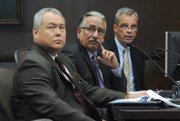 <b>LAYING DOWN GAUNTLET:</b> Police Chief Cam Sanchez (center) — flanked by assistant chief Frank Mannix (right) and spokesperson Riley Harwood (left) — outlined steps his department is taking to combat the urban travelers.
